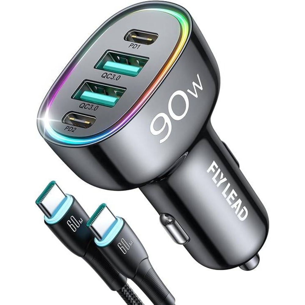 FLY LEAD 90W Fast Car Charger Adapter 4 Port USB C PD QC 3.0 LED Black JR-CL29